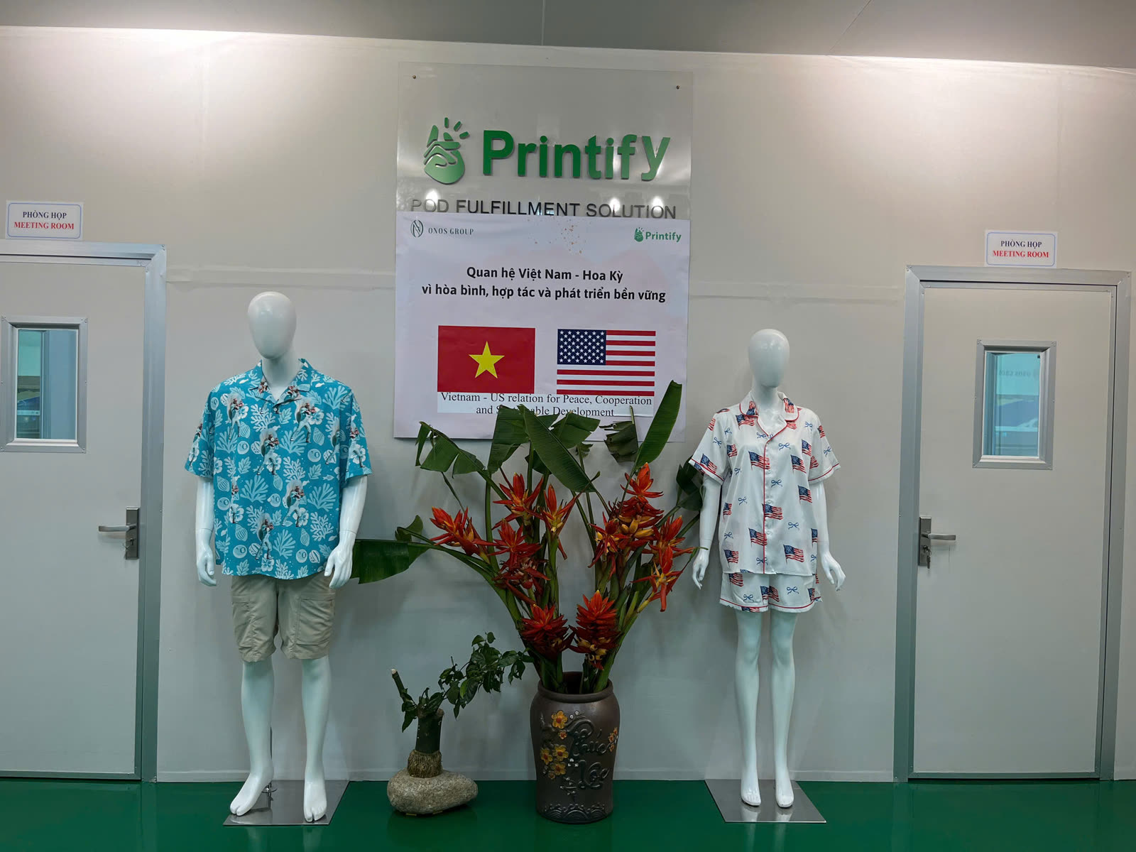 Finished printed apparel showcased on mannequins